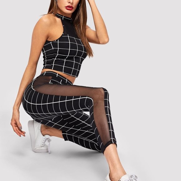 Plaid Crop Top & Leggings with Mesh Insert - Picture 4 of 6